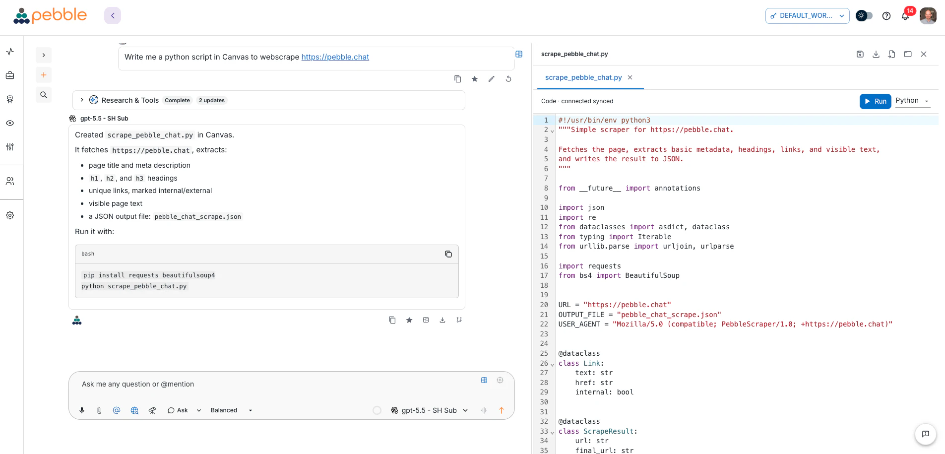 Canvas and Code interface running Python