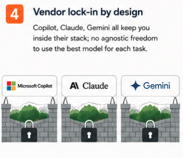 Vendor lock-in by design — Copilot, Claude, and Gemini keep you inside their stack